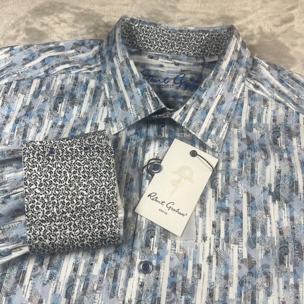 NWT Robert Graham Men's XL Button Down Multi Blue Eldert Classic Fit Stretch